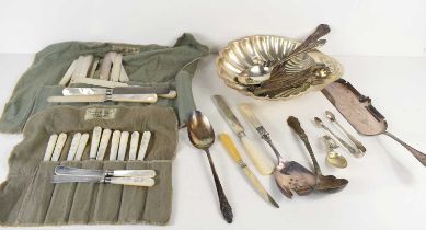 A group of silver plated items to include a scallop form dish, mother of pearl handled knives, white