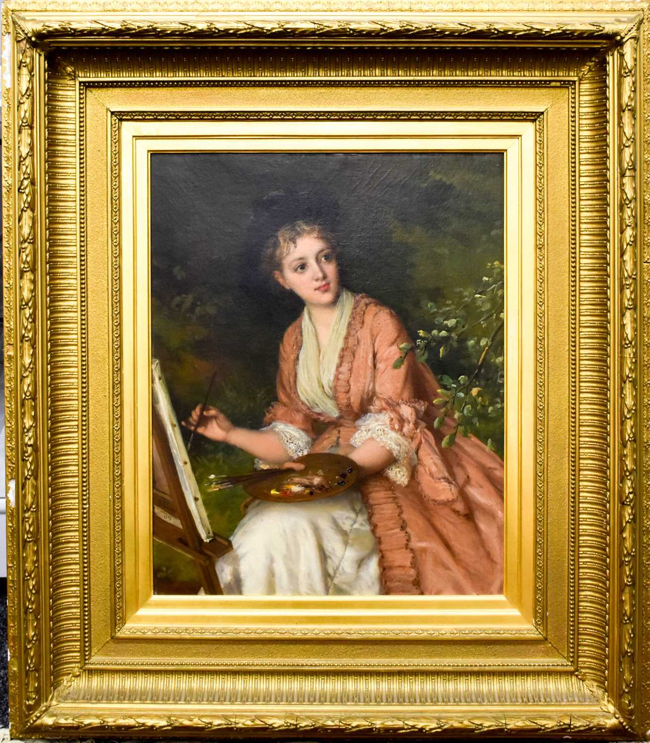 William Oliver (1803 -1901): portrait of a seated lady holding a paint pallete, and painting a