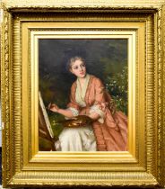 William Oliver (1803 -1901): portrait of a seated lady holding a paint pallete, and painting a