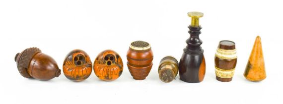 A selection of 19th century treen, to include two finely turned nutmeg graters, a lignum vitae box