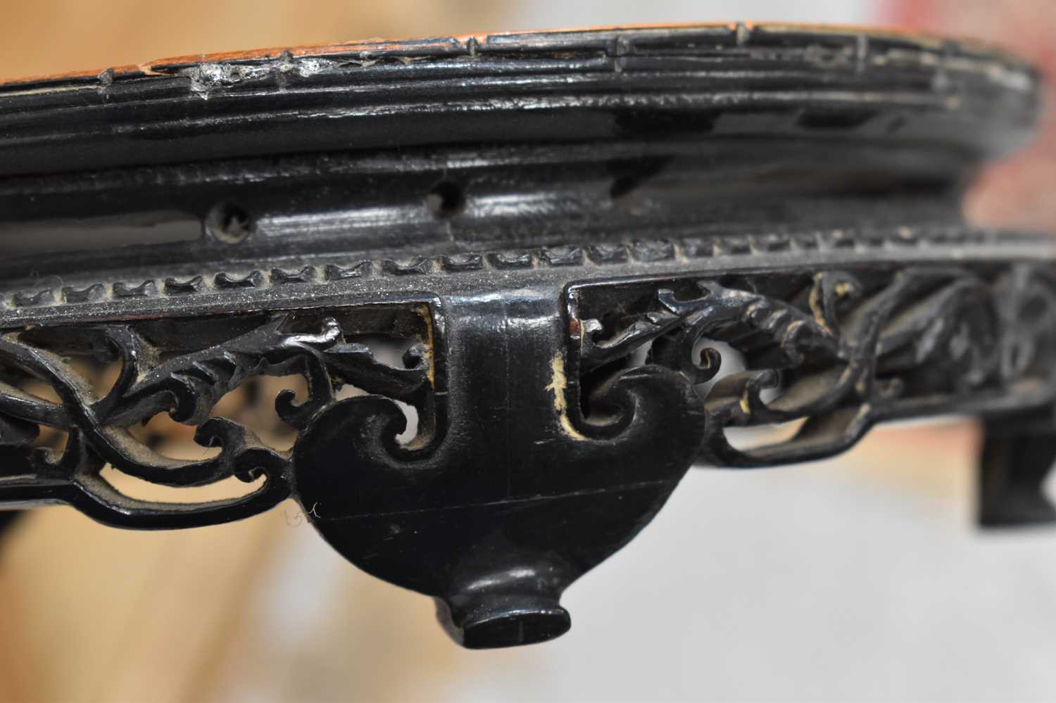 An antique mahogany table easel, together with a Chinese carved stand, a group of roundel ebonised - Image 7 of 8