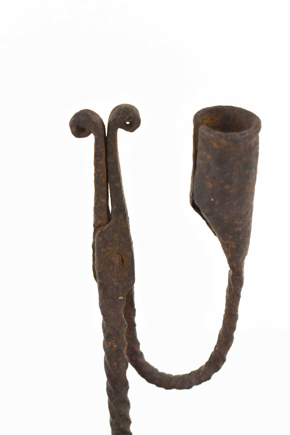 A treen and wrought iron early 19th century rushnip, the candle socket and nip raised on a domed - Image 2 of 2