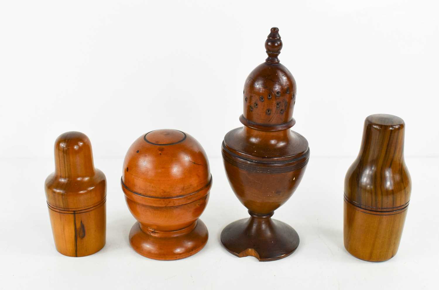 A group of 19th century treen to include a sugar castor, a pill silvering bowl and cover, two