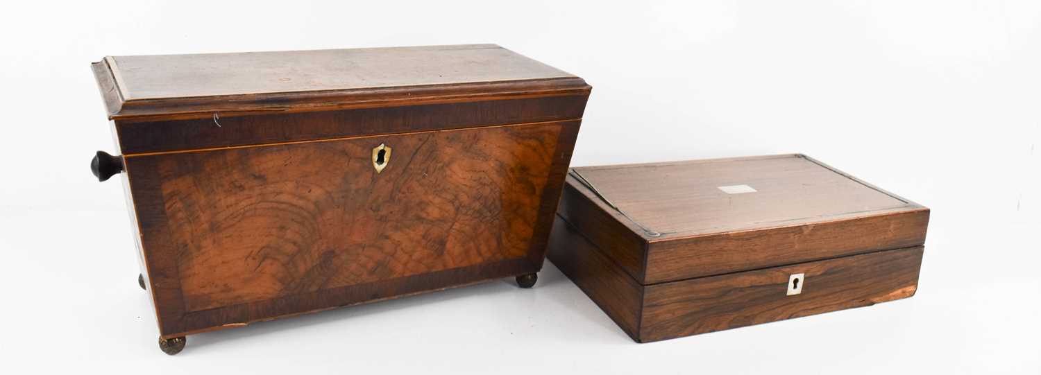 A 19th century rosewood and mother of pearl box, together with a 19th century mahogany sarcophagus