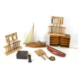 A group of treen and collectables to include a vintage lamp in the form of a sailing boat, a