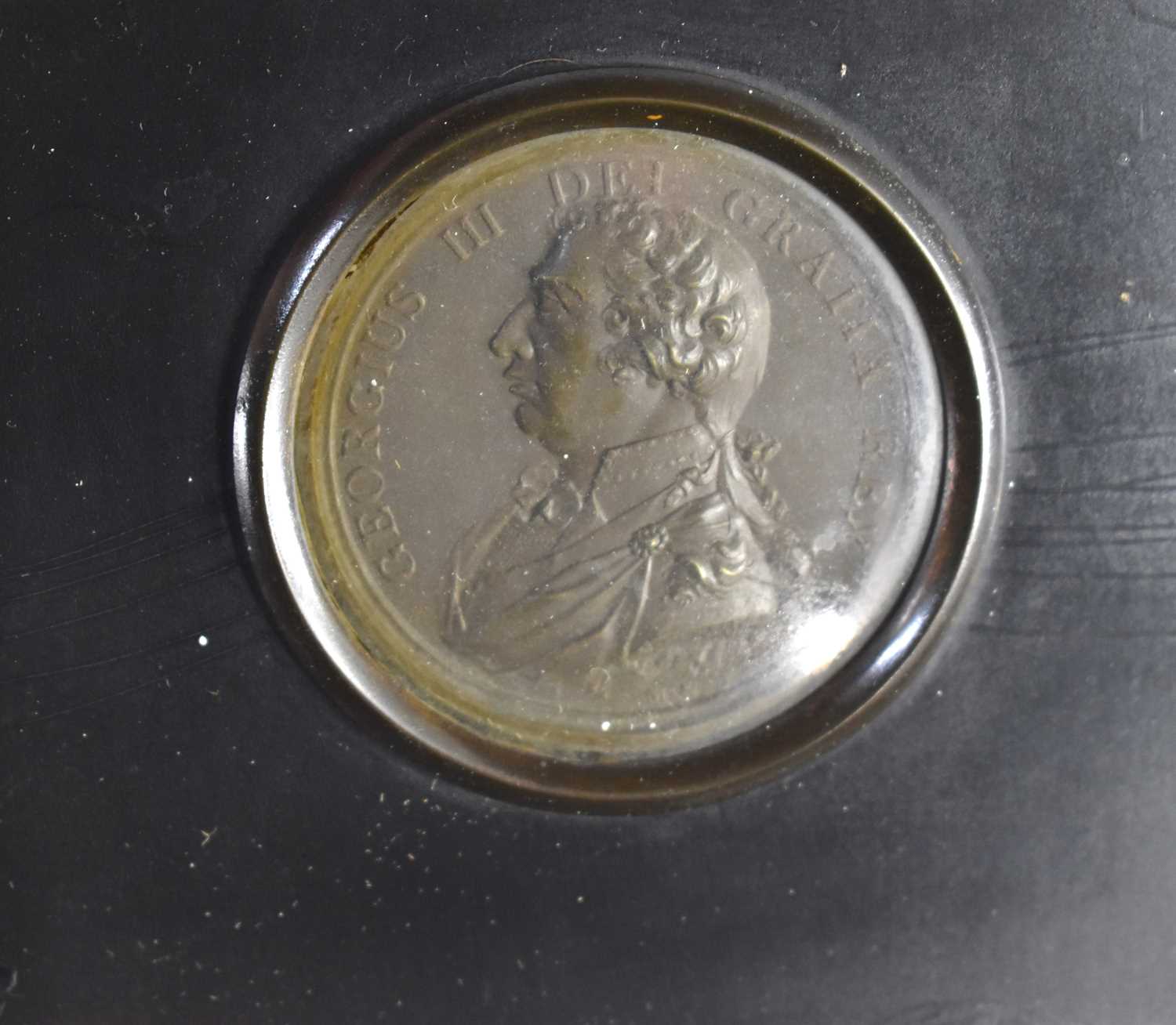 A Regency framed bronzed metal medallion of George III, together with a Victorian silhouette of a - Image 2 of 2