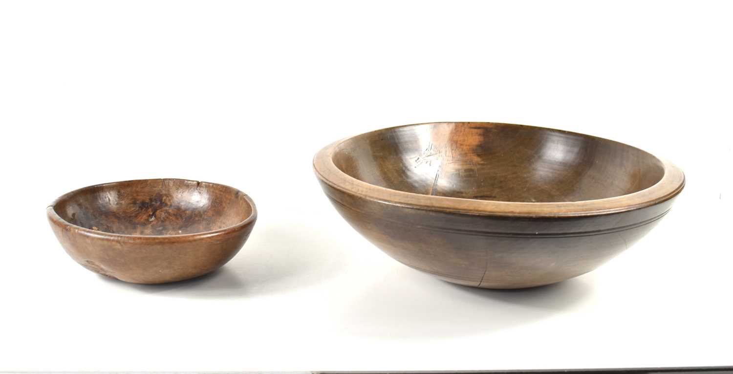 A late 17th / early 18th century burr wood bowl, 21cm diameter approximately, together with a larger - Image 6 of 9