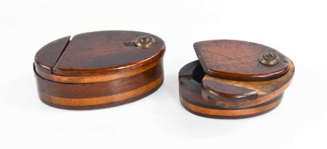 Two 19th century puzzle lid snuff boxes, with two rotating lids, composed of layered specimen woods,