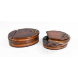 Two 19th century puzzle lid snuff boxes, with two rotating lids, composed of layered specimen woods,