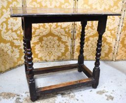 A 17th century oak side table, with bobbin turned legs and peripheral stretchers, 76cms by 41cms