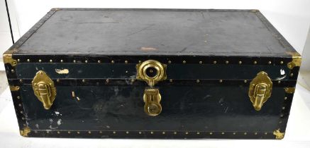 A 1930s "Vacationer" metal clad travel trunk, made in Petersburg, Virginia, 92cm wide.