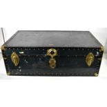 A 1930s "Vacationer" metal clad travel trunk, made in Petersburg, Virginia, 92cm wide.