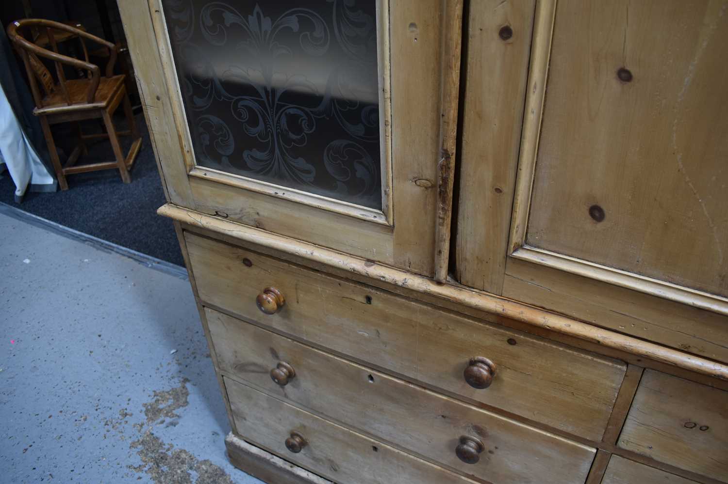 An antique pine Housekeepers’ cupboard, the central door flanked by two glazed cupboard doors - Image 10 of 12