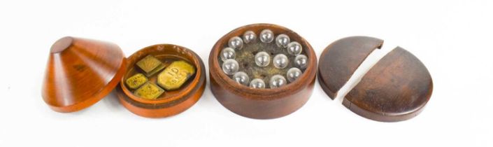 A 19th century treen box containing glass vials / gravity gauges, together with a travelling treen