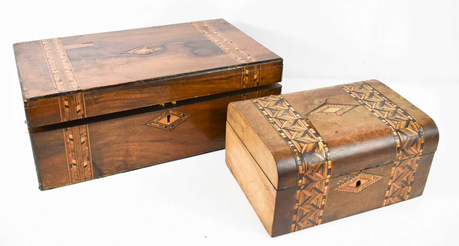 Two 19th century parquetry work boxes, the larger rosewood example having a fitted interior with - Image 2 of 2