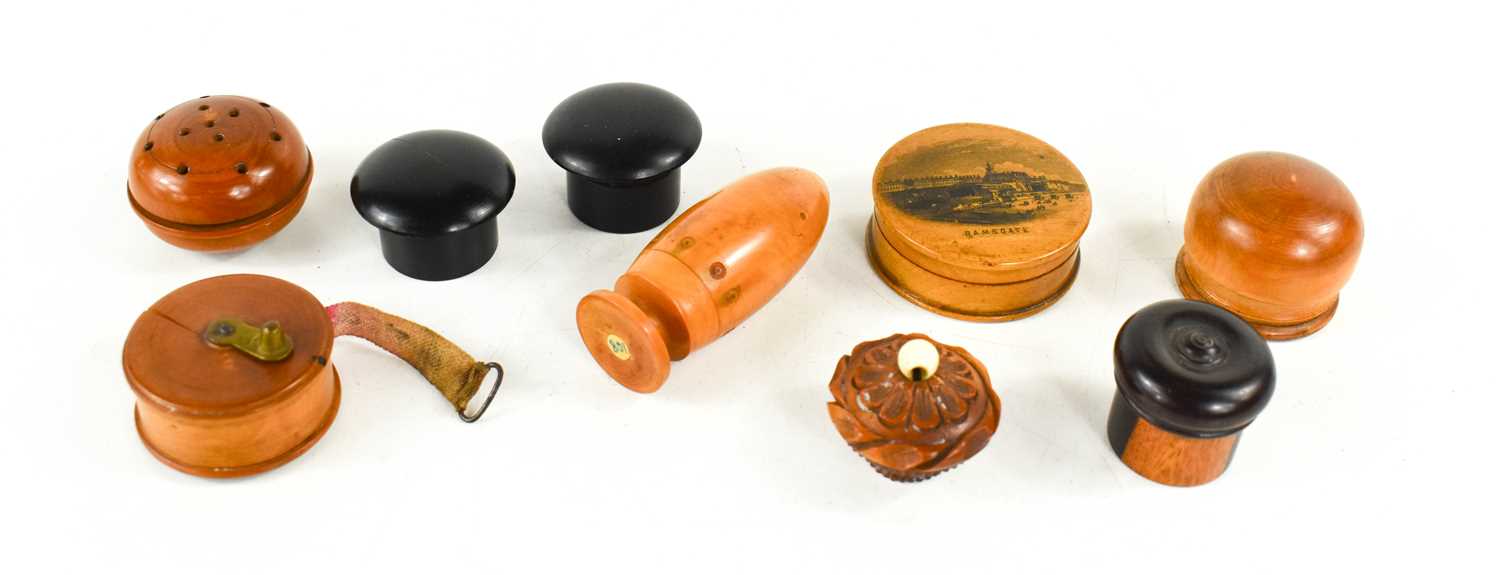 A selection of 19th century treen to include a coquilla nut carved vinaigrette, four snuff boxes - Image 2 of 16