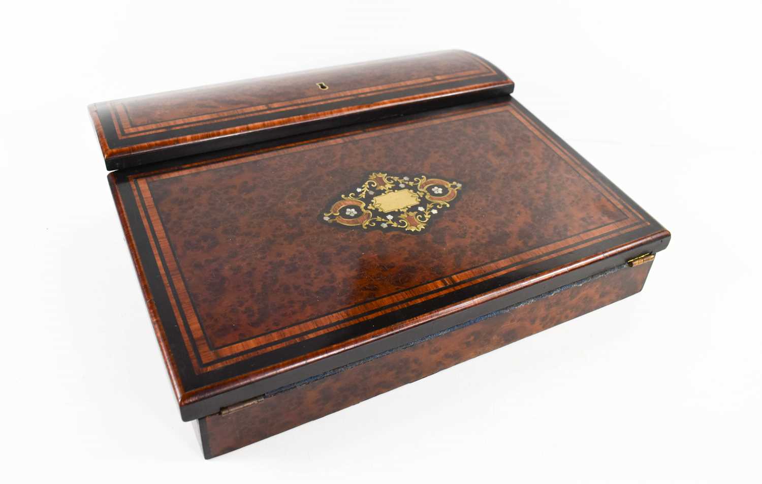 A 19th century writing box, the burr veneered top having kingwood and ebony borders, and the sloping