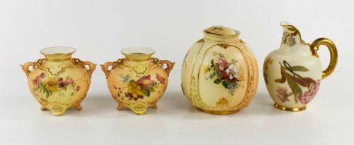 A group of Royal Worcester blush ivory comprising a pair pots or vases, model number 1176, puce