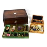 A 19th century rosewood sewing box, with mother of pearl stringing and inlay, opening to reveal