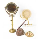 A Victorian brass table mirror, a bronze and pietra dura inlaid inkwell, 14cm diameter by 7cm