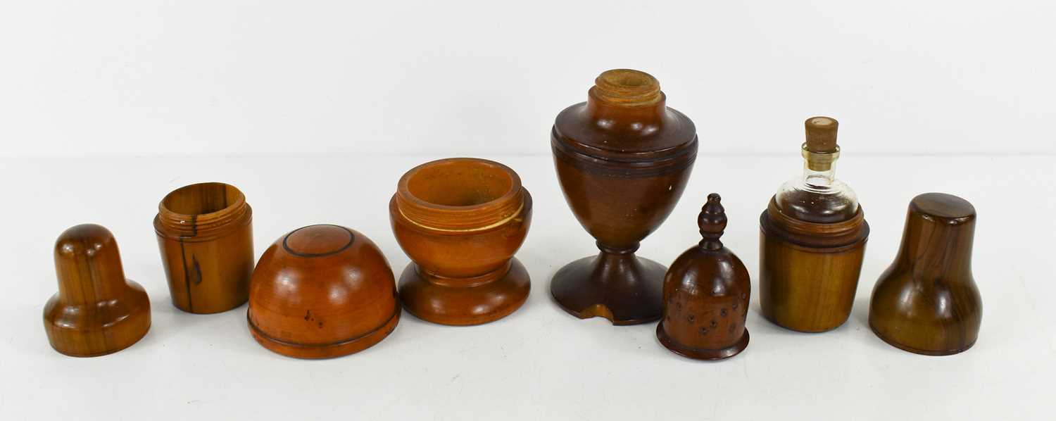 A group of 19th century treen to include a sugar castor, a pill silvering bowl and cover, two - Image 2 of 8