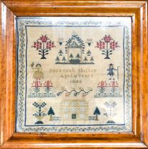 A 19th century sampler, by Susannah Shelton aged 11 years, dated 1848, depicting figures, house,