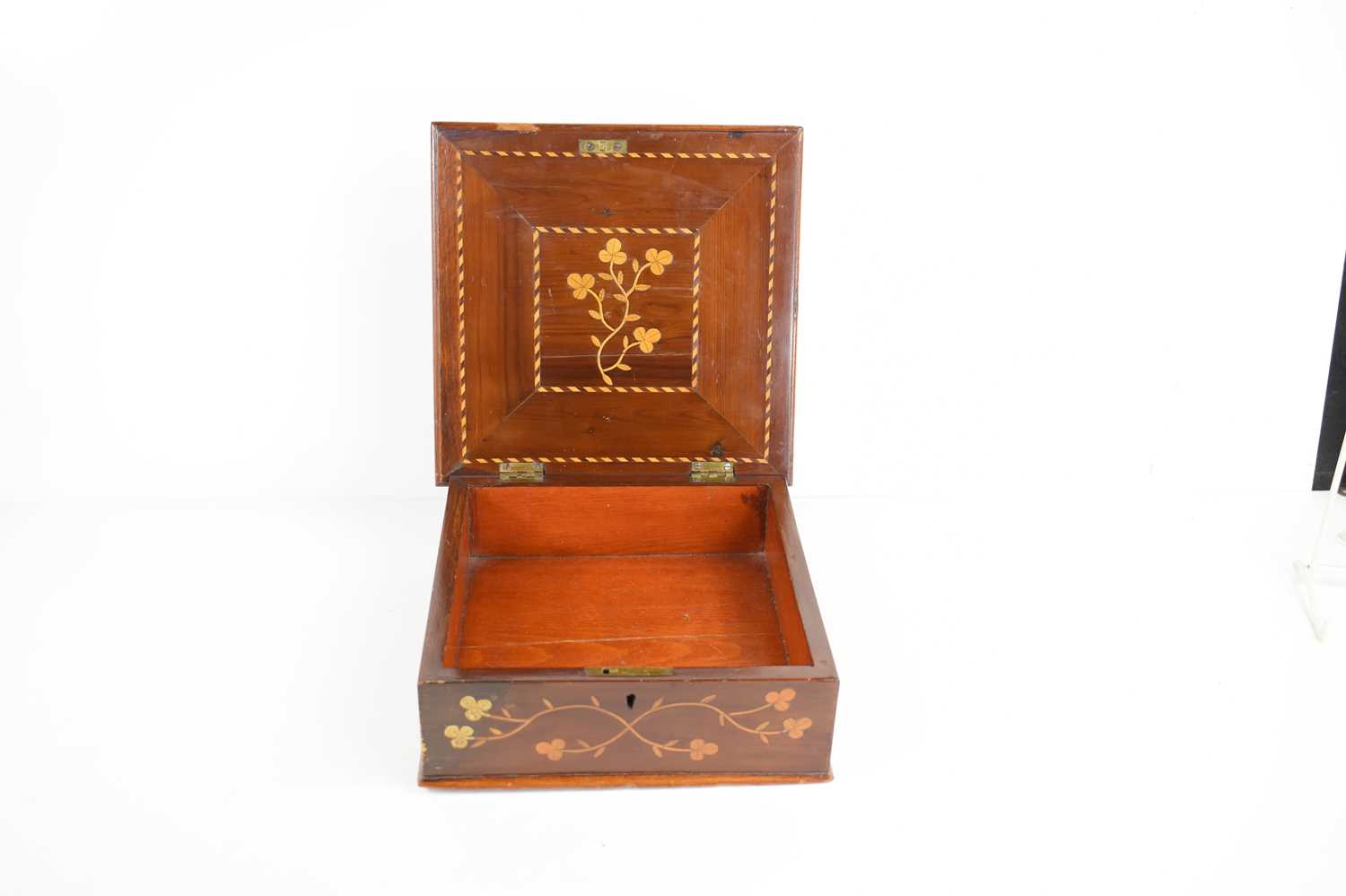 A 19th century marquetry inlaid box, the lid depicting a harp surrounded by floral sprays, 22cm by - Image 3 of 3