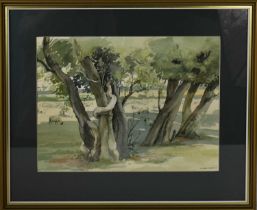 G Rees Teesdale (20th century): trees with sheep to the background, 32 by 42cm.
