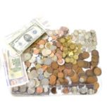 A collection of GB and worldwide coins and banknotes, to include silver sixpences, copper pennies,