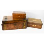 Three 19th century boxes, including a workbox with slope interior and fitted compartments, a