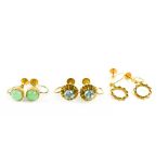 Three pairs of 9ct gold earrings, one pair set with blue topaz, one pair with green agate, and one