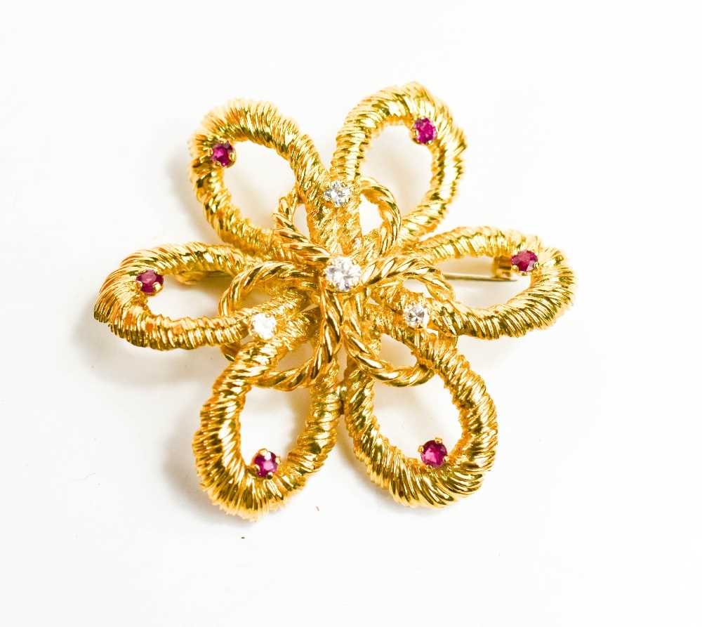 A gold (testing as at least 14ct) diamond and pink sapphire set flower head form brooch, with - Image 3 of 3