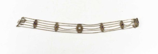 A vintage silver, amethyst and mother of pearl choker, composed of four chains united by pierced