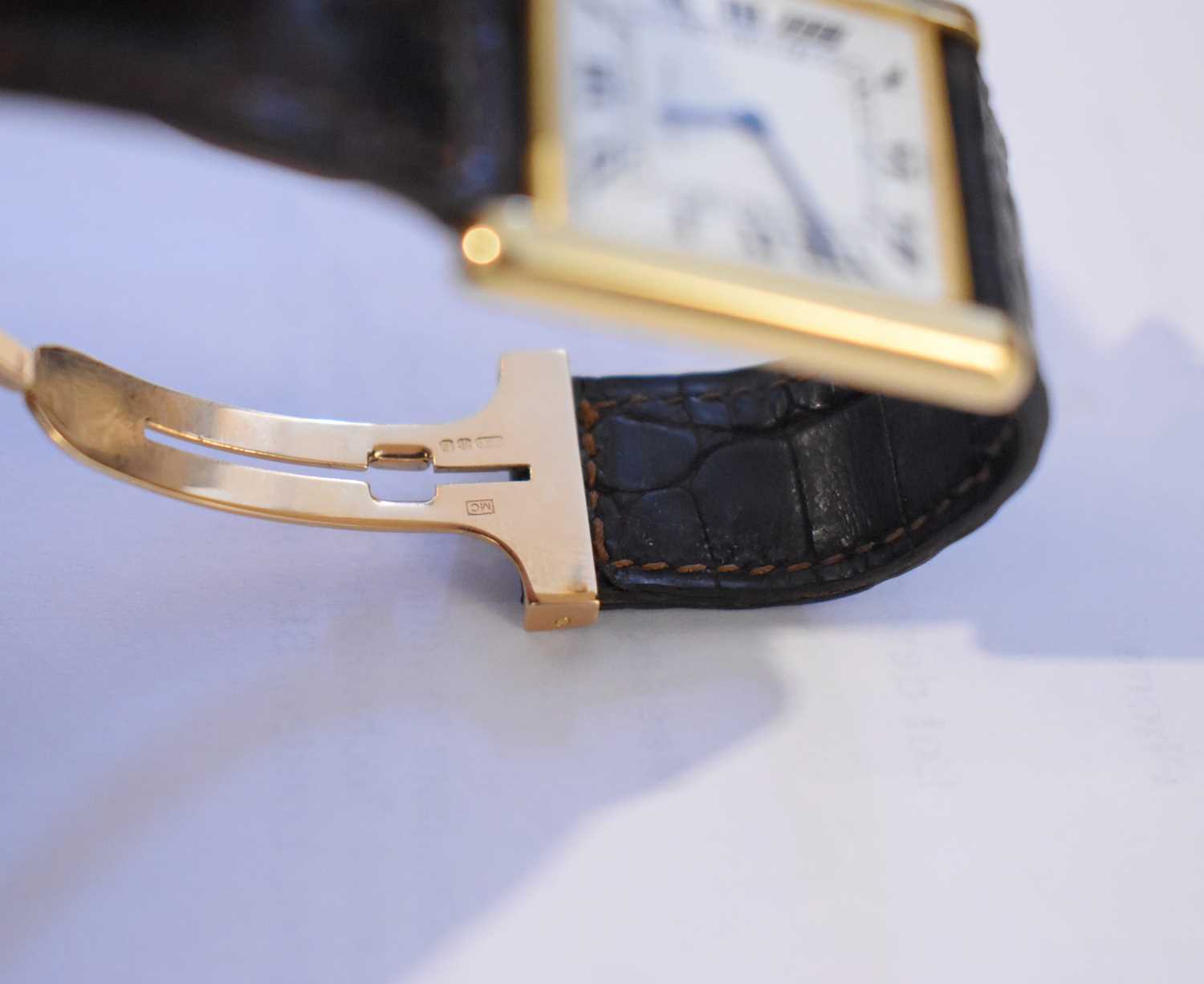 An 18ct gold cased Cartier tank watch, the signed white rectangular dial with Roman numerals and - Image 7 of 14