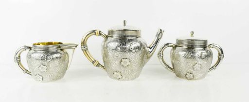 A fine 19th century Gorham & Co silver tea set, comprising tea pot, sugar and milk jug, the