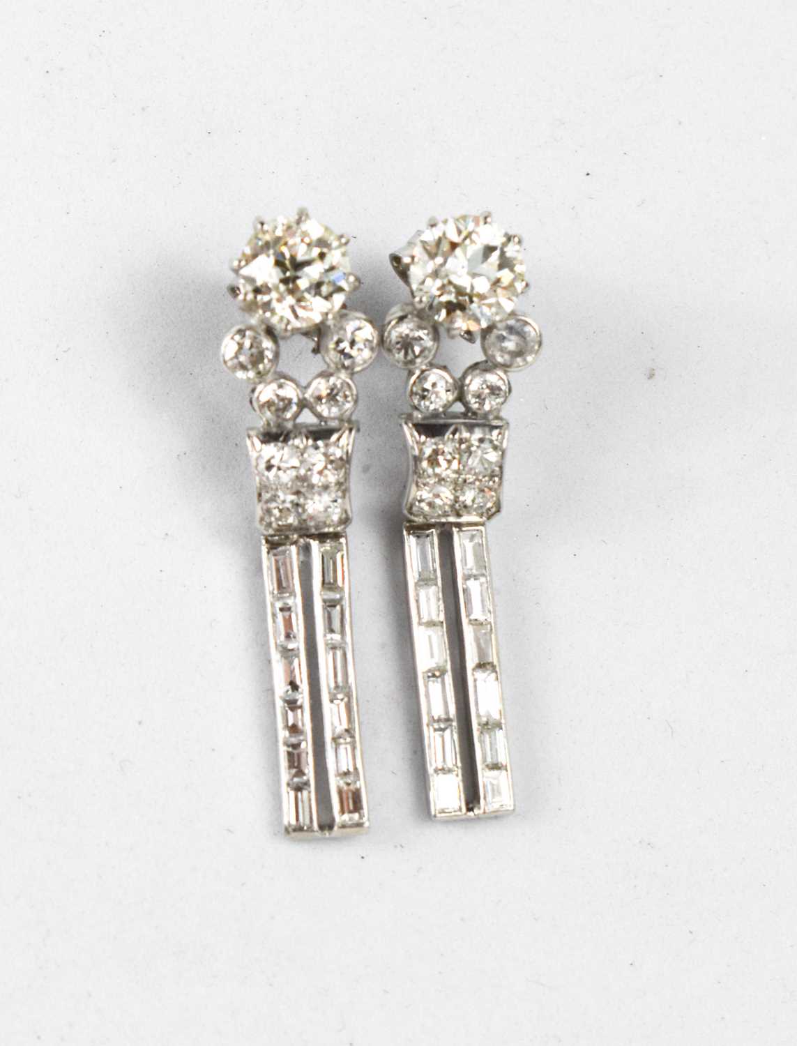 A pair of Art Deco18ct white gold and diamond drop earrings, each of the primary diamonds - Image 2 of 6