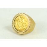 An Edward VII, gold half sovereign, 1902, in 9ct gold ring mount with glass back, size K/L, total