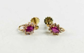 A pair of 9ct gold, pink sapphire and diamond earrings, 1.61g,