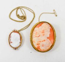 Two 19th century cameo portraits, one depicting classical female figure, in an oval gilt metal