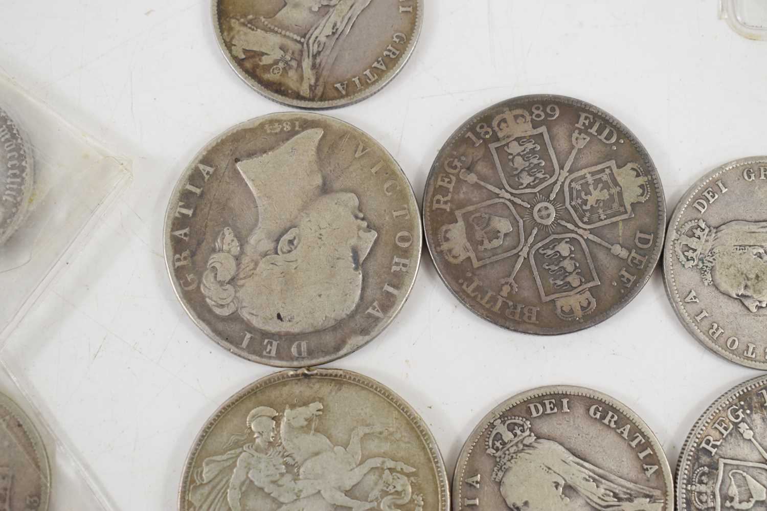 A collection of coins to include silver shillings, Queen Victorian crown dated 1844, florin 1887, - Image 7 of 7