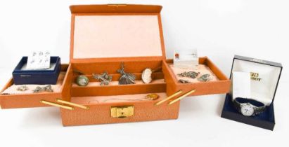 A jewellery box containing silver brooches; ballerina, poodle, Blue John cabochon example, a gilt