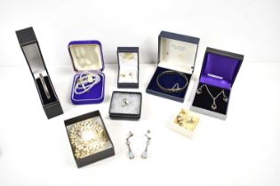 A group of gold, silver and costume jewellery, including a pair of 9ct gold and pearl drop earrings,