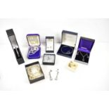 A group of gold, silver and costume jewellery, including a pair of 9ct gold and pearl drop earrings,