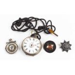 A Continental 800 silver pocket watch, the enamel dial with floral wreath to the centre, and Roman