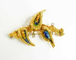 An 18ct gold, diamond and enamel brooch, in a modernist foliate form, composed of three 'leaves'