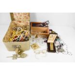 A collection of vintage costume jewellery including coloured beads, shells, faux pearls, paste,