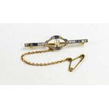 An Art Deco 18ct gold, diamond and sapphire brooch, with a central pearl, safety chain and gold pin,