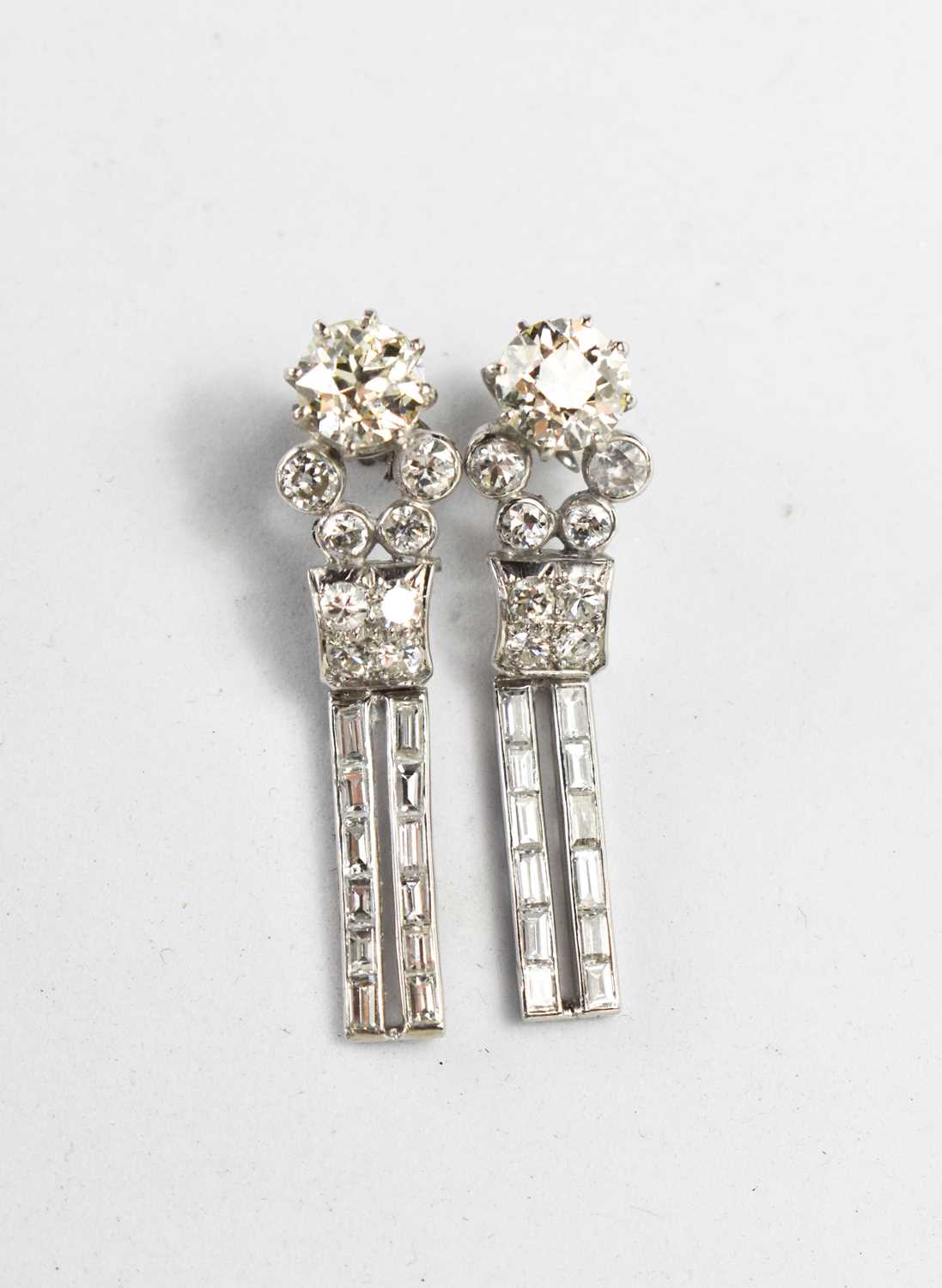 A pair of Art Deco18ct white gold and diamond drop earrings, each of the primary diamonds - Image 4 of 6