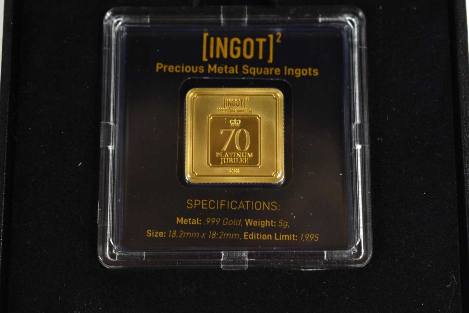 A 24ct gold "2022 Platinum Jubilee" square ingot, 5g, together with a 24ct gold coin, 0.5g, with - Image 2 of 2