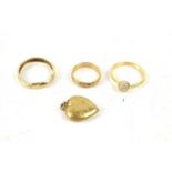 Three 9ct gold rings, one set with white stones, 3.9g, together with an 18ct gold front and back